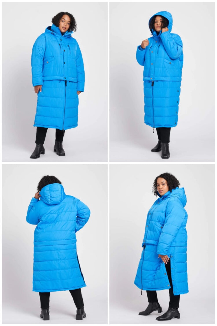 collage of four photos from the Universal Standard website of a model wearing the puffer coat