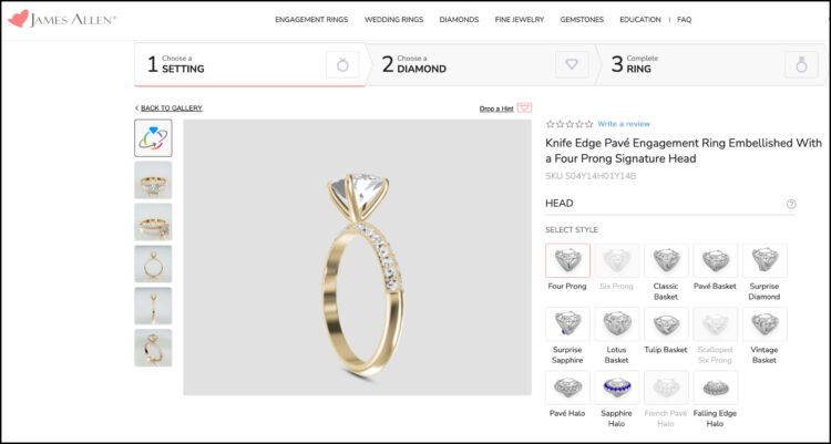 a screenshot from the JamesAllen.com website showing how you can customize an engagement ring