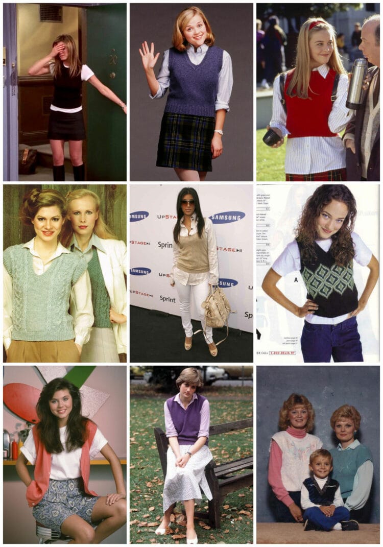 images from the 90s and 2000s of celebrities and catalog models styling a sweater vest