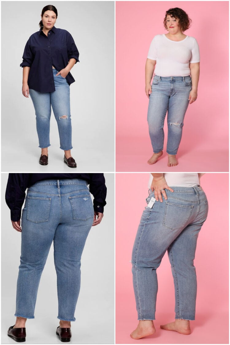 Front view and back of Alison in the 32 Short Girlfriend Mid Rise Jean as compared to the model.