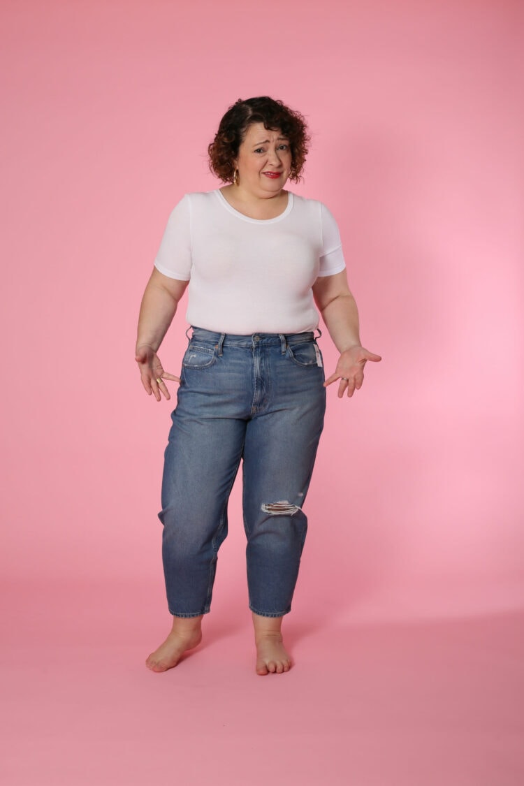 Front view image of Alison Gary in the Gap High Waisted Barrel Jean in size 32 taken by Karl Gary for Wardrobe Oxygen. 