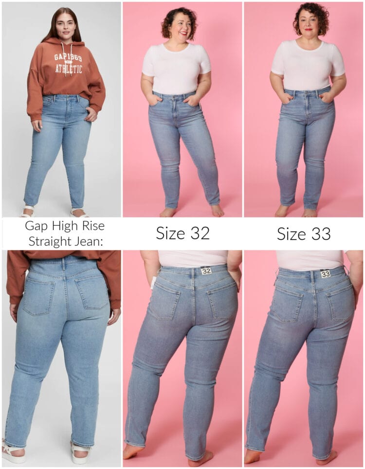 Six images comparing size 32 and size 33 Gap High Rise Straight Jean with the Gap model.