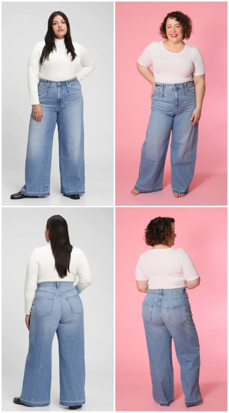 Collage of 4 images of Alison Gary in the Gap high rise wide leg for Wardrobe Oxygen comparing Alison to the Gap model. Front view and back view.