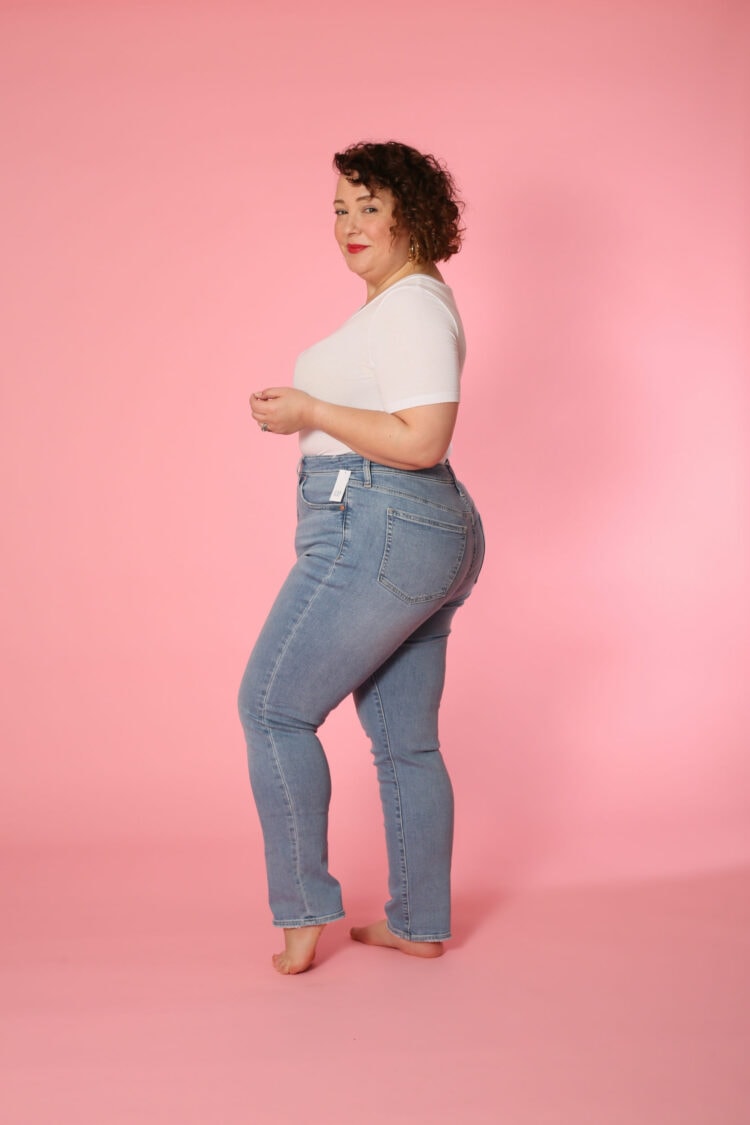 Side view image of Alison Gary in the Gap Classic Straight Leg High Rise Jean in size 33 taken by Karl Gary for Wardrobe Oxygen. 