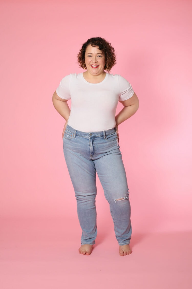 Front view image of Alison Gary in the Gap Classic Straight Leg Mid Rise Jean in size 33 short taken by Karl Gary for Wardrobe Oxygen. 