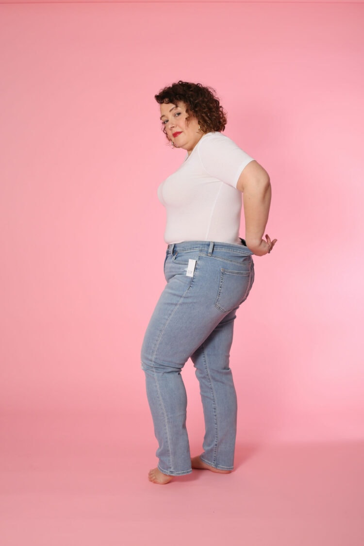 Side view image of Alison Gary in the Gap Classic Straight Leg Mid Rise Jean ion size 33 taken by Karl Gary for Wardrobe Oxygen. 