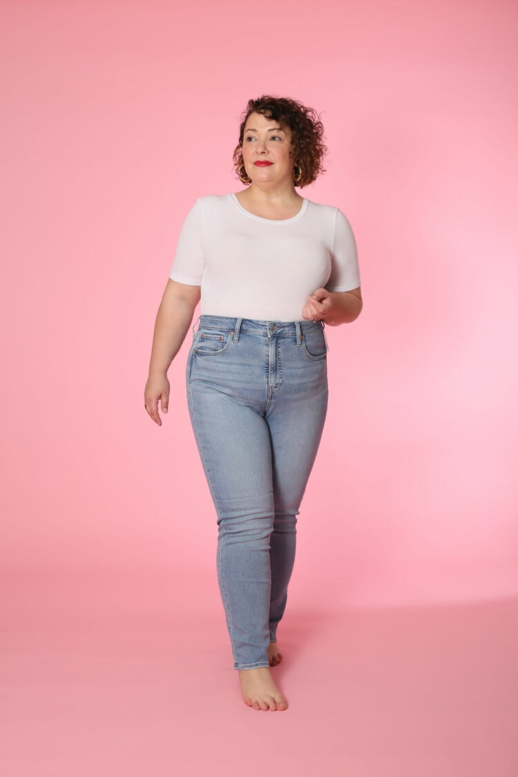 Front view image of Alison Gary in the Gap Classic Straight Leg High Rise Jean in size 33 taken by Karl Gary for Wardrobe Oxygen. 