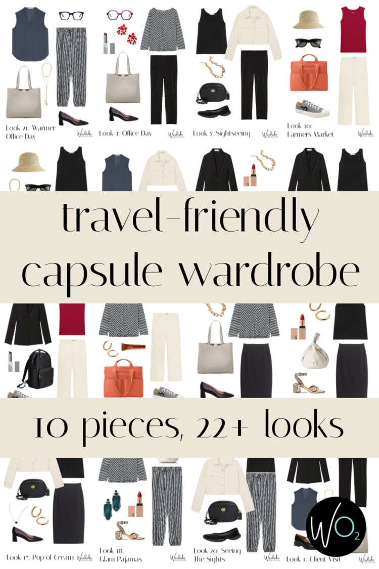 Collage of outfits with the text M.M.LaFleur Travel-Friendly Capsule Wardrobe