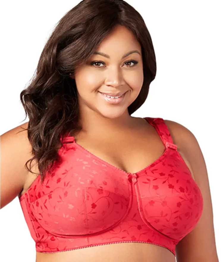 Model wearing a coral red colored jacquard printed bra. This is the Sidney Jacquard wire-free bra from Elila