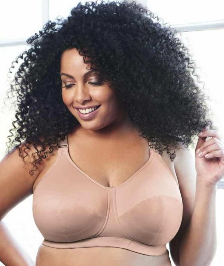 model wearing a beige colored bra. This is the celeste wire-free bra from the brand Goddess