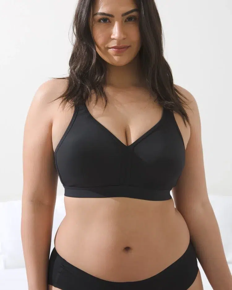 a model wearing the Soma Embraceable Full Coverage Wireless bra in black