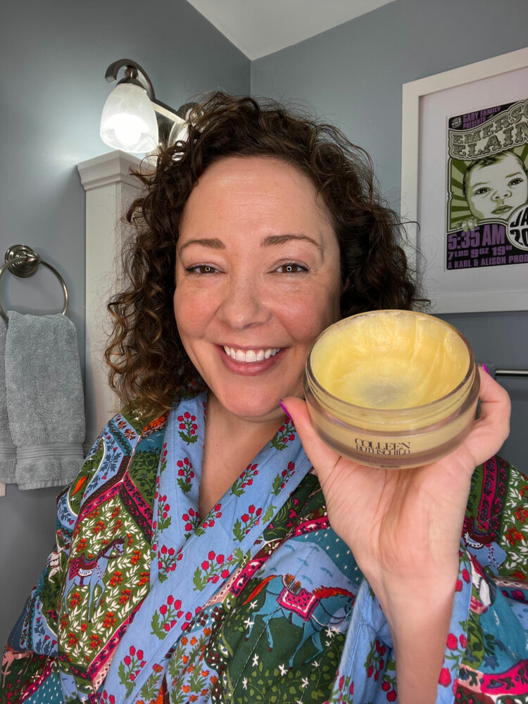 Alison Gary of Wardrobe Oxygen holding a half-used jar of Colleen Rothschild Radiant Cleansing Balm