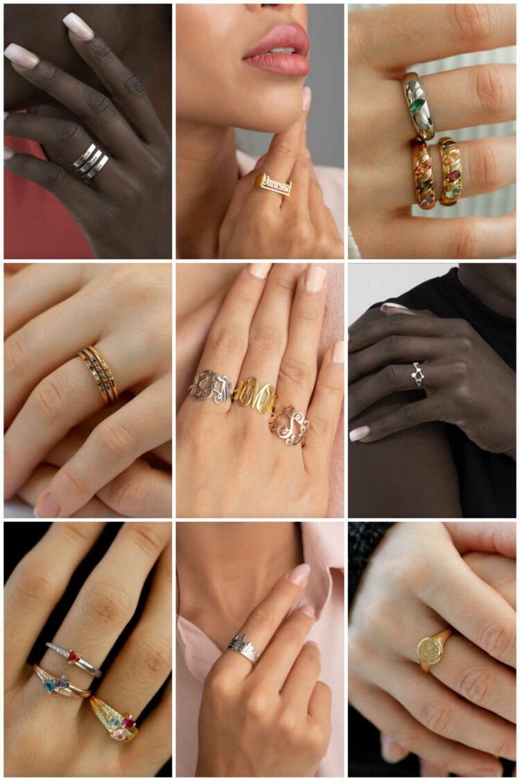 A collage of personalized rings from the Etsy shop Glamoristic