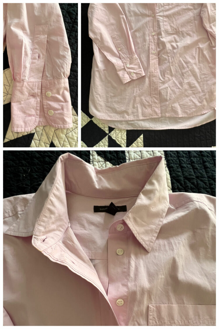 long-sleeve button-up shirt with a standard collar and barrel cuffs