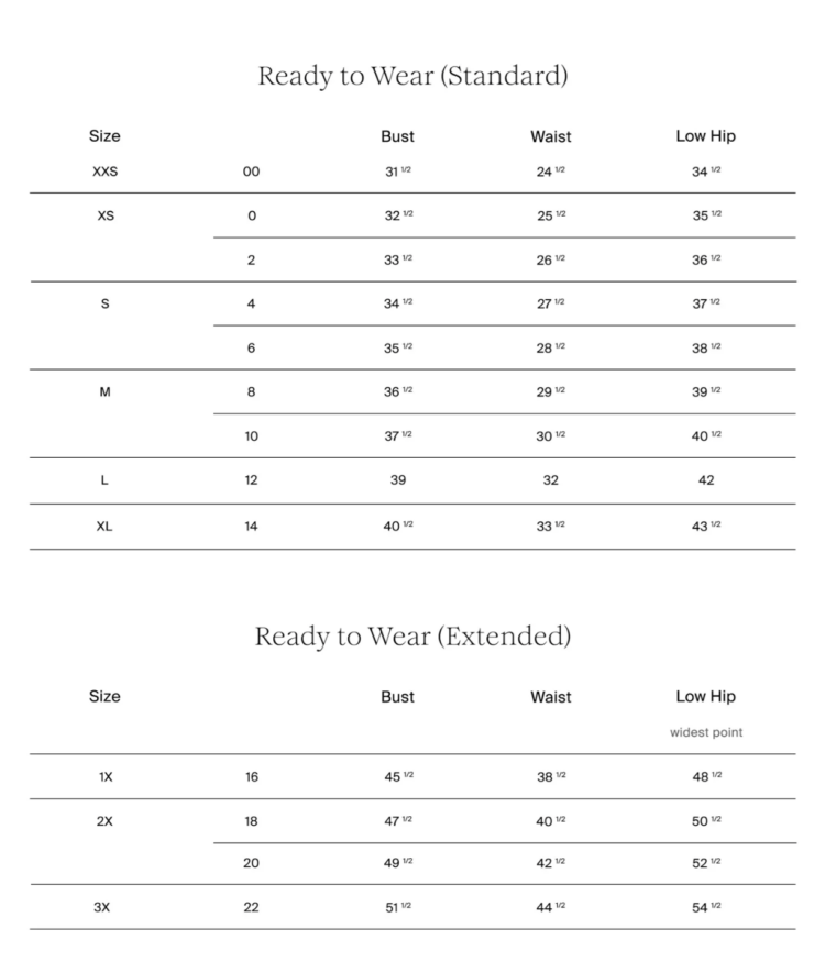 Tanya Taylor standard & extended size guide