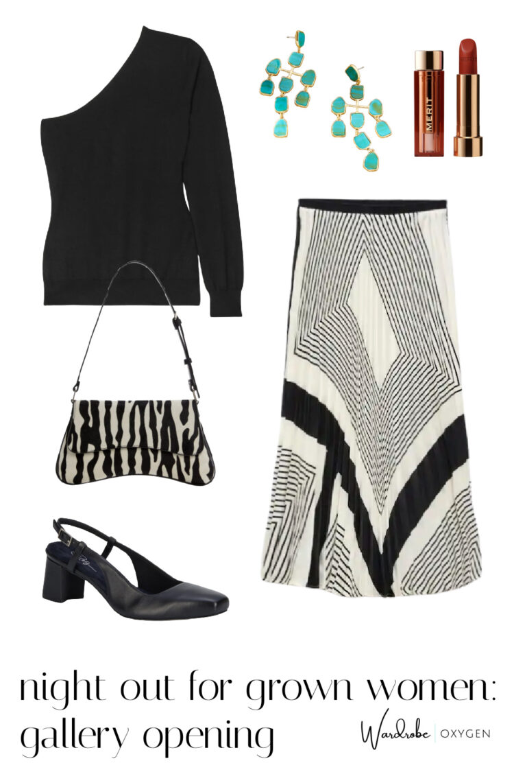 collage of a sample outfit a woman over 40 could wear for a night out featuring the yarra tank from Universal Standard with black and ivory printed bag and skirt