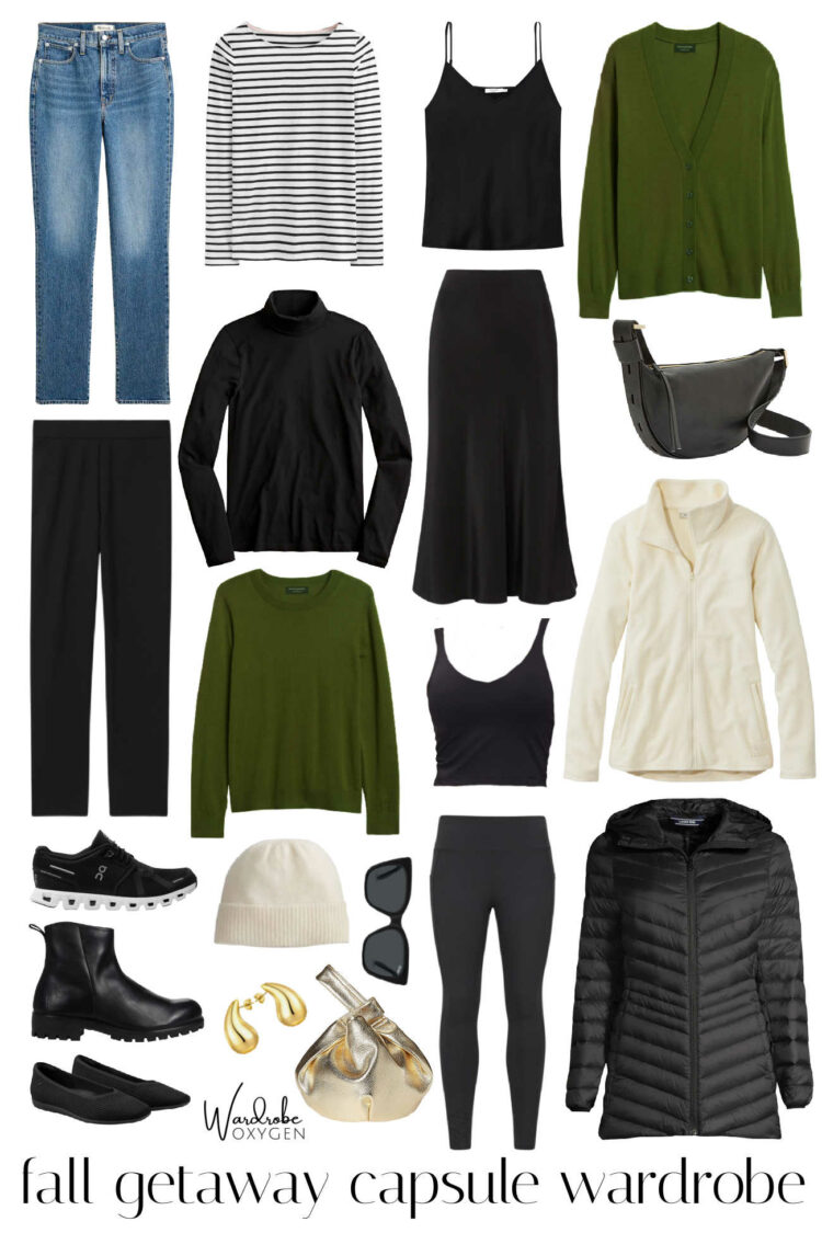 A fall getaway capsule wardrobe from Wardrobe Oxygen that fits in a carryon bag and will provide over a dozen different outfits