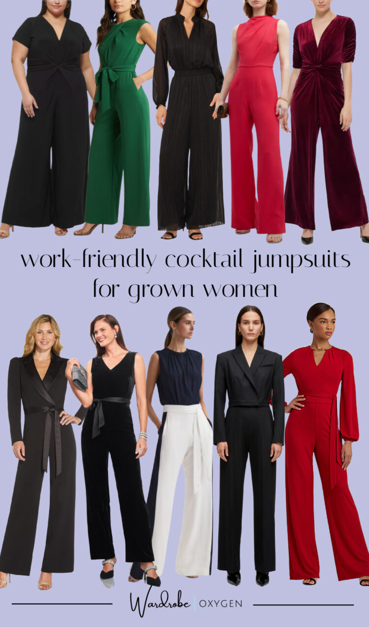 work-friendly jumpsuits for company holiday parties and conferences that are cocktail dress code