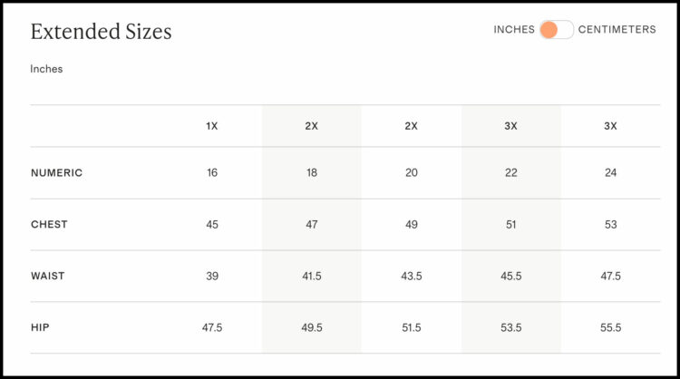 The Quince clothing size chart for their extended sizes in women's apparel. The chart goes from 1X to 3X or numeric sizes 16 through 24. A size 16 has a 39" waist and 47.5" hip and a size 24 has a 47.5" waist and 55.5" hip.