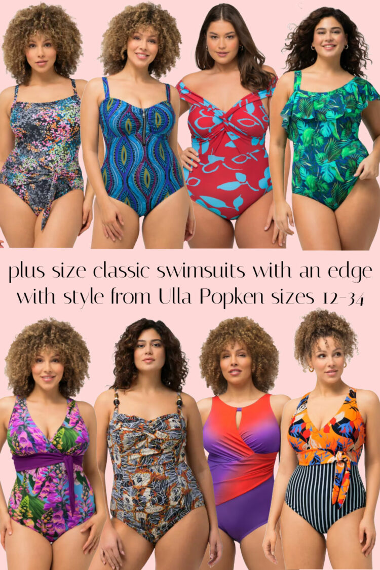 a collage of eight one-piece plus size swimsuits from Ulla Popken