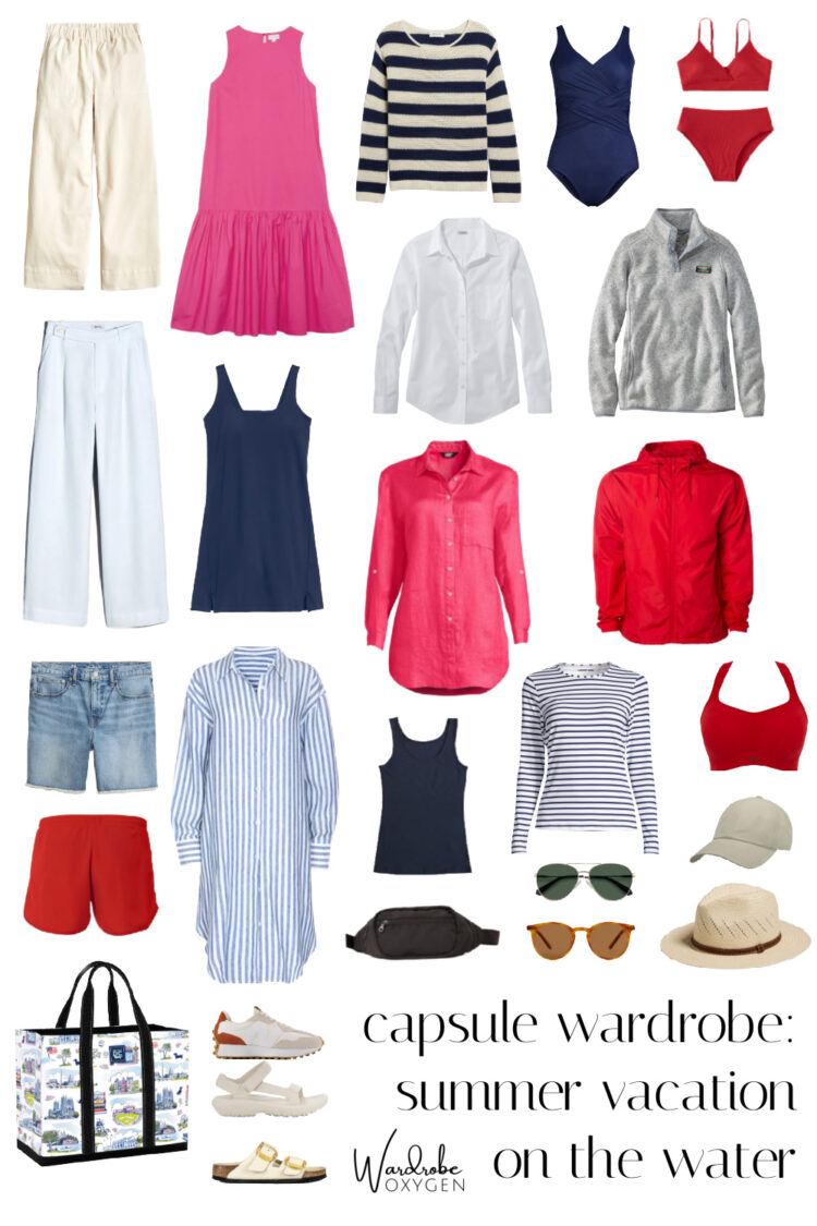 collage of items for a Capsule Wardrobe: Summer Getaway on the Water