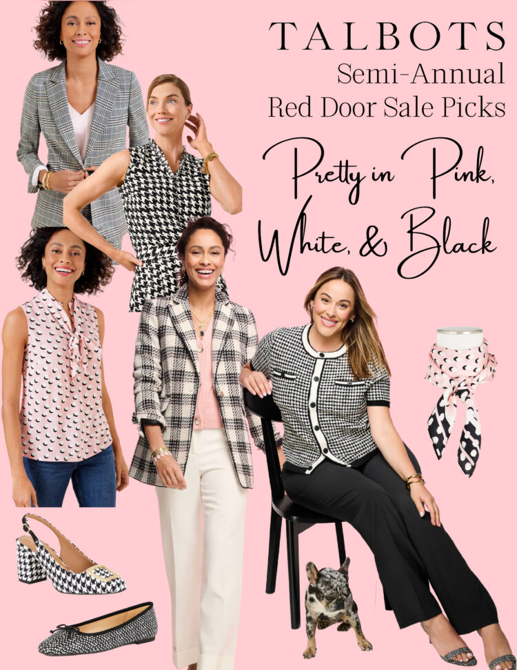 collage of sale items from Talbots in black and white prints with touches of pale pink