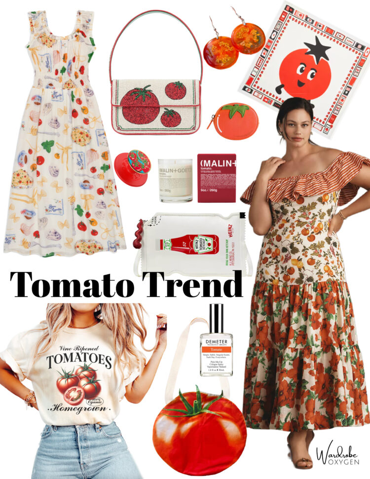 collage of items that fit the tomato trend in fashion and beauty