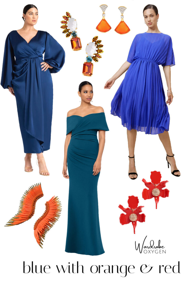 a collage of three blue evening dresses and four pairs of red and orange cocktail statement earrings