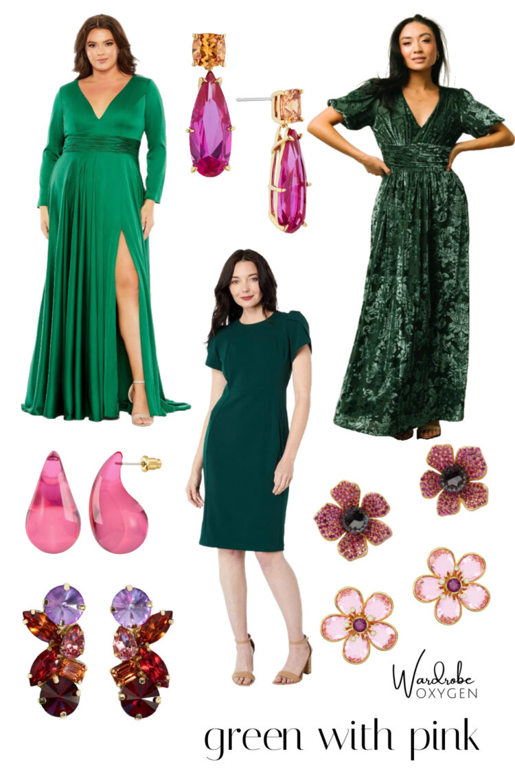 a collage of three green evening dresses with five pairs of pink earrings to coordinate with them