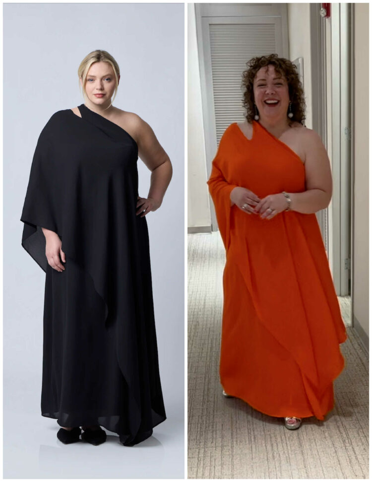 On the left is a model wearing the Pari Passu Marilyn One Shoulder Gown in black. On the right is Alison Gary of Wardrobe Oxygen in a custom version of this dress in orange, made to measure to fit her petite frame.