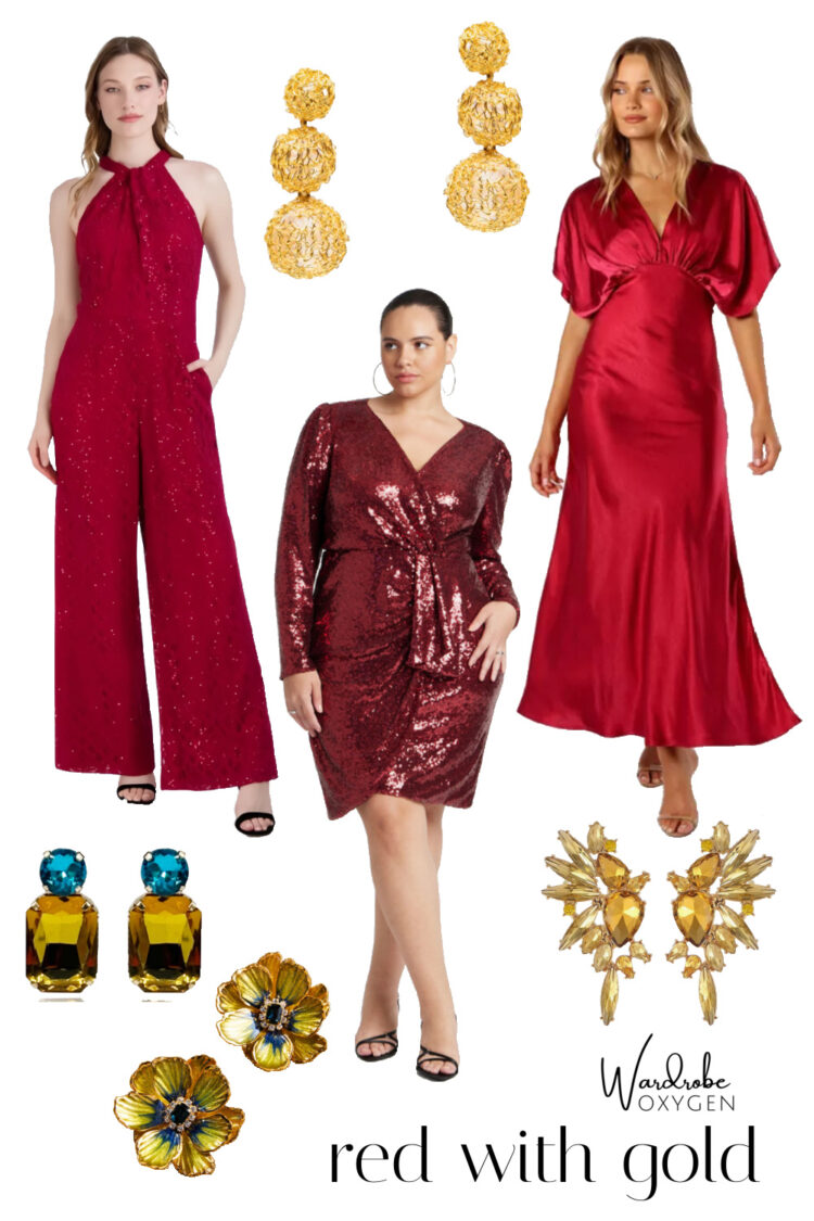 three red cocktail dresses and jumpsuits with four pairs of gold/yellow earrings