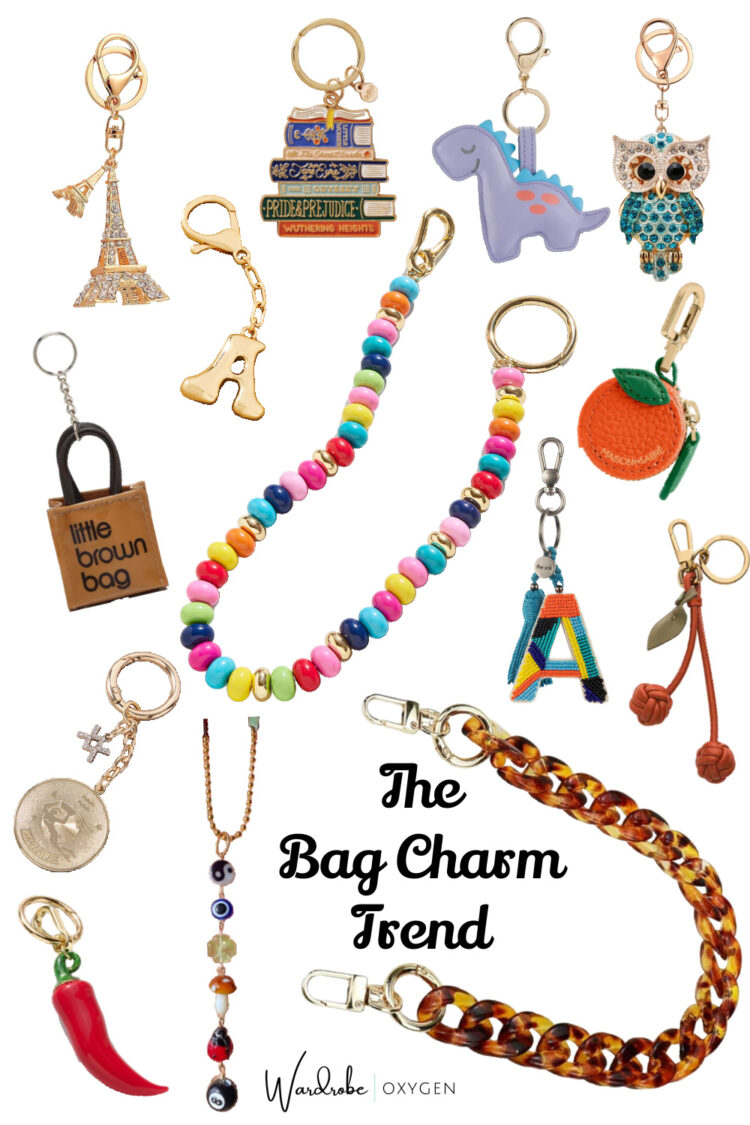 a collage of bag charms and chains for purchase to embrace the bag charm trend 