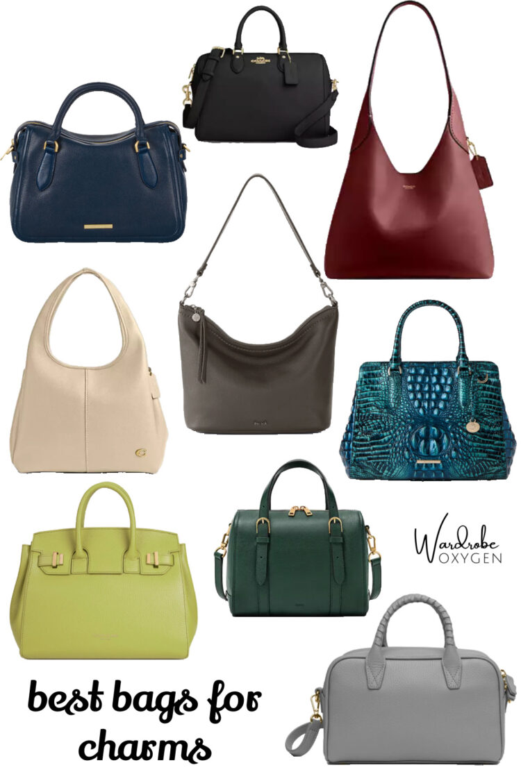 a collage of nine leather and suede bags for fall 2024 that are perfect for decorating with bag charms