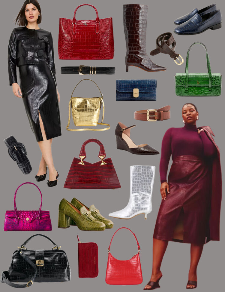 collage of several croco embossed shoes, bags, belts, and skirts