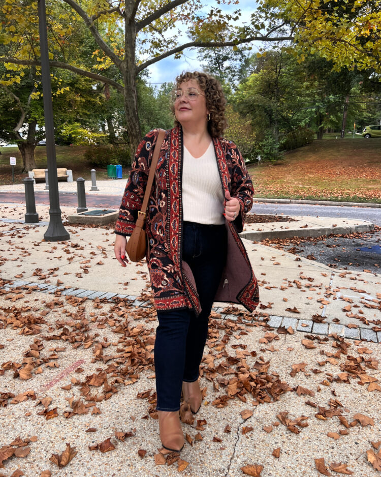 Alison Gary in an outfit from Soft Surroundings with ALLY low heel ankle booties in camel