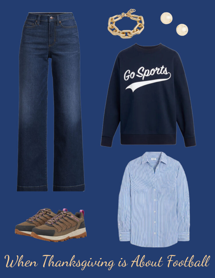 a collage of what to wear when thanksgiving is all about sports