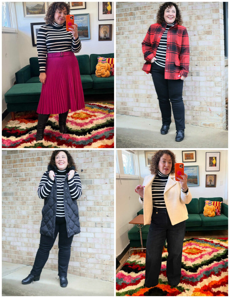 alison gary of wardrobe oxygen in a talbots black and white striped ribbed turtleneck styled four ways