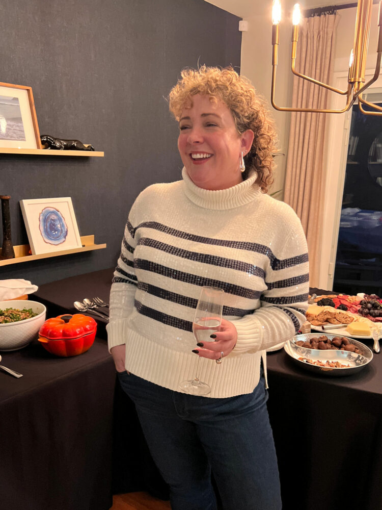 alison gary in a talbots sequin stripe turtleneck sweater