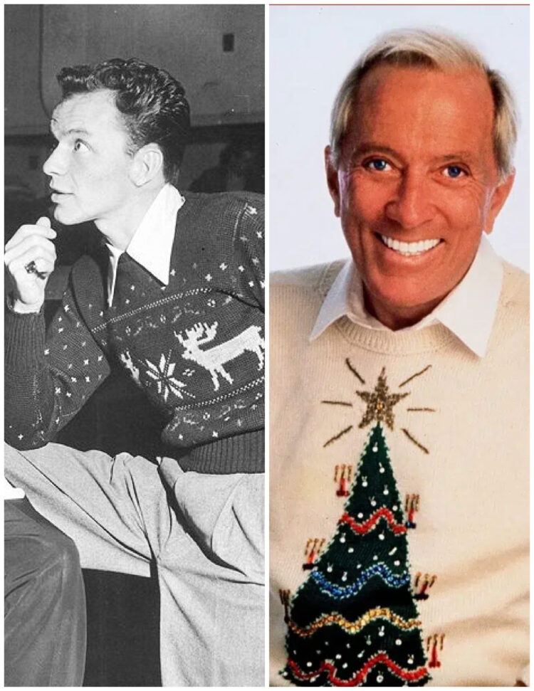 Frank Sinatra and Andy Williams in ugly Christmas sweaters