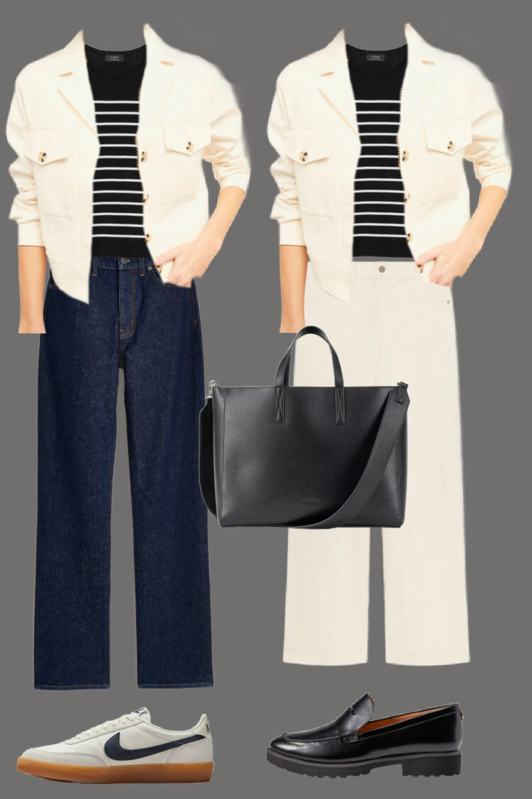 two outfits from the capsule wardrobe with the ivory jacket and striped sweater