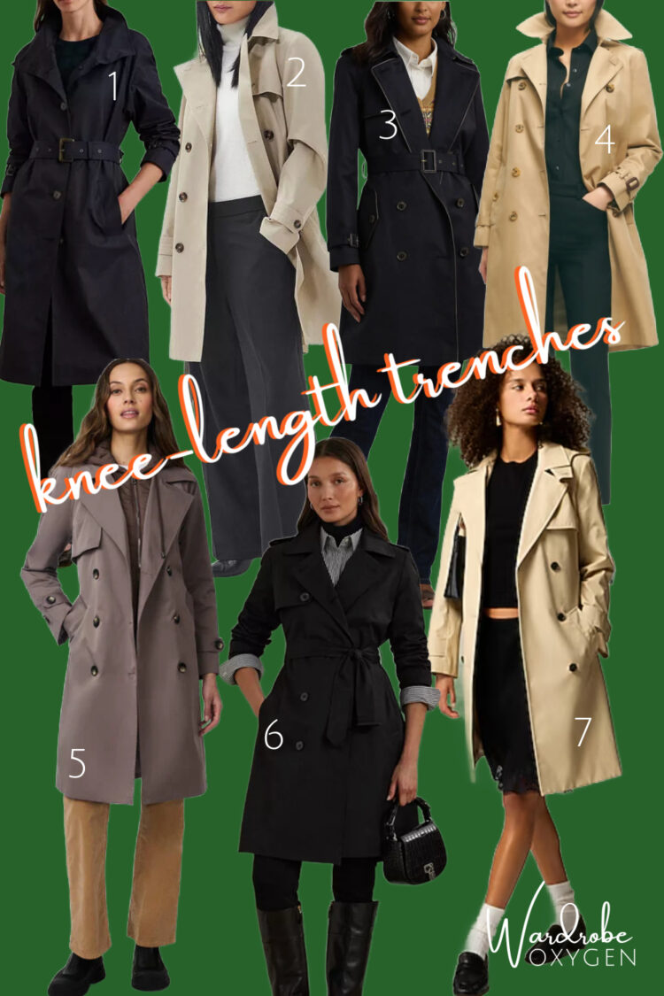 a collage of seven different knee-length trench coats for women that are water resistant