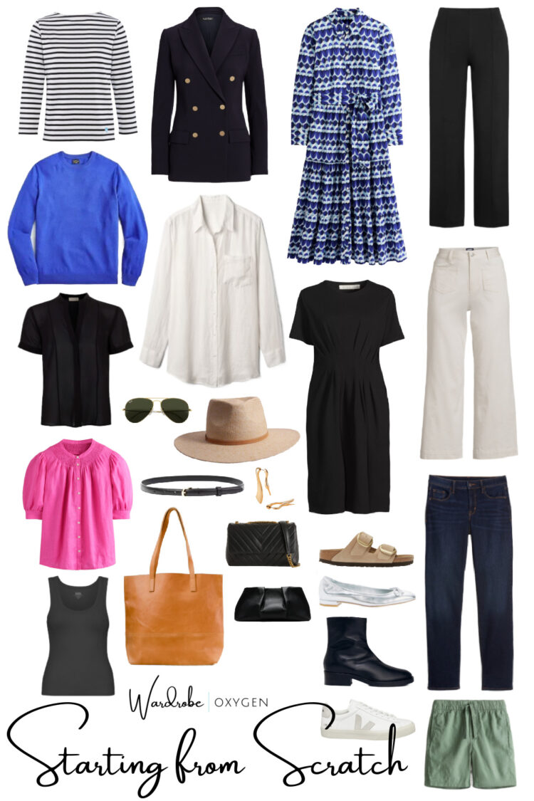 a collage of 24 pieces of clothing, accessories, and shoes to create a basic wardrobe for women in midlife