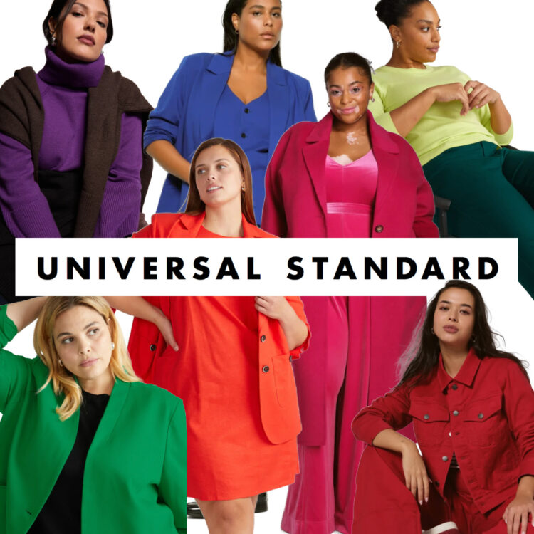 collage of colorful stylish clothing from Universal Standard featured on models in a range of ages, ethnicities, and body types