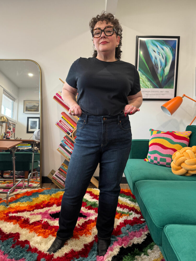 Alison Gary wearing Talbots Straight Leg jeans and a black short-sleeved t-shirt