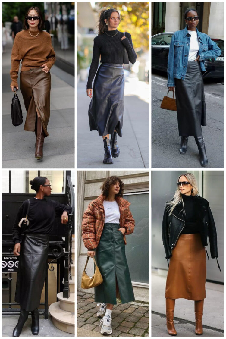 6 examples of stylish street style where women are wearing long leather skirts with boots and sneakers