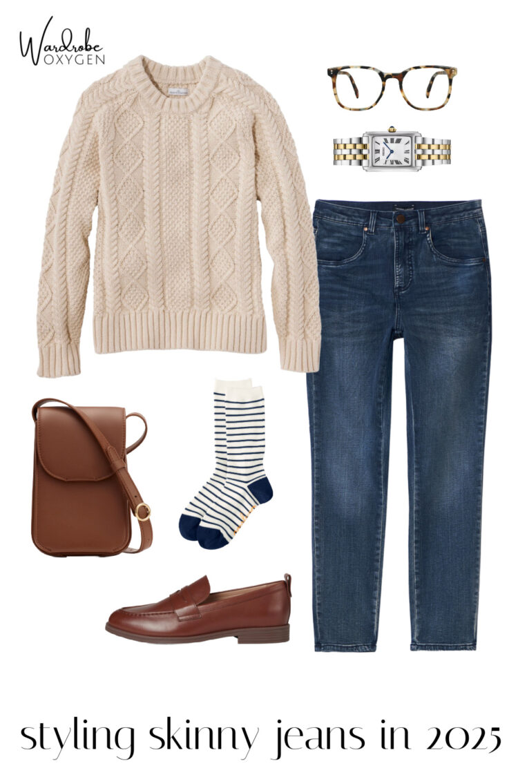 how to style skinny jeans in 2025 with a fisherman sweater and penny loafers