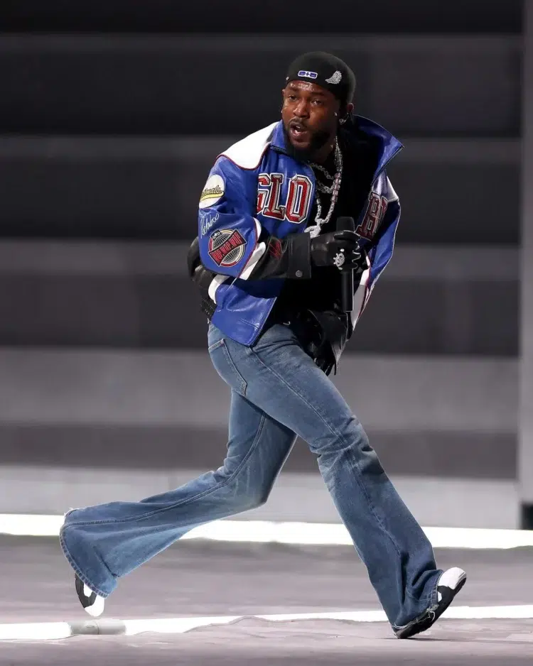 Kendrick Lamar at the 2025 Super Bowl Halftime Show in Celine jeans