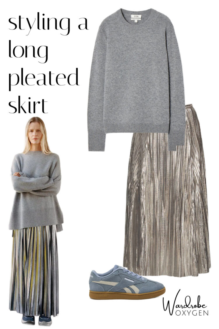 styling a long pleated skirt with sneakers