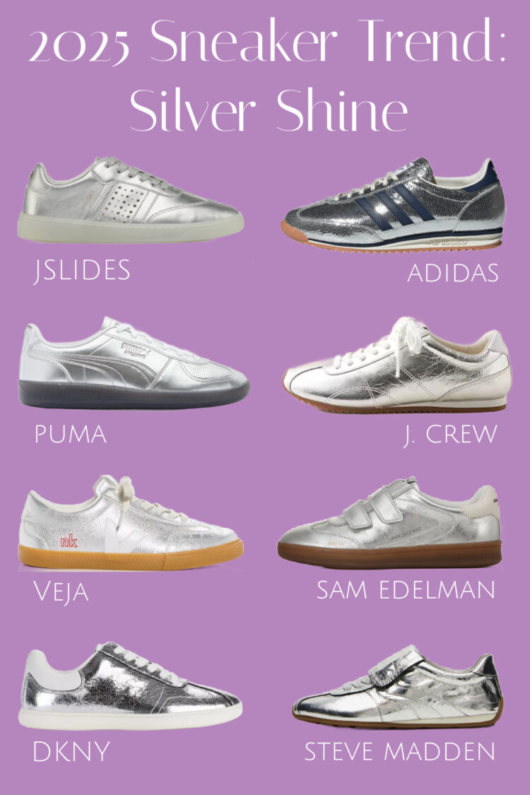 collage of eight silver sneakers on trend for 2025