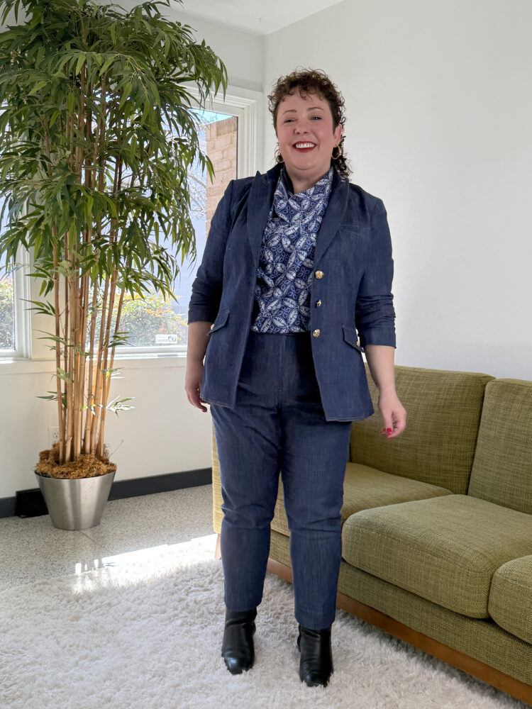 alison gary of wardrobe oxygen in a talbots refined denim suit